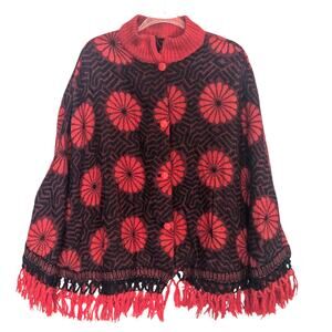 Vintage 60's 70's Sweater Poncho Button Front Red Black Geometric Flowers Flaw